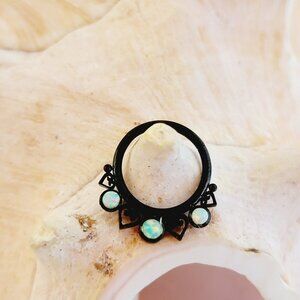 16G Black coated filigree heart and opal hinged segment ring